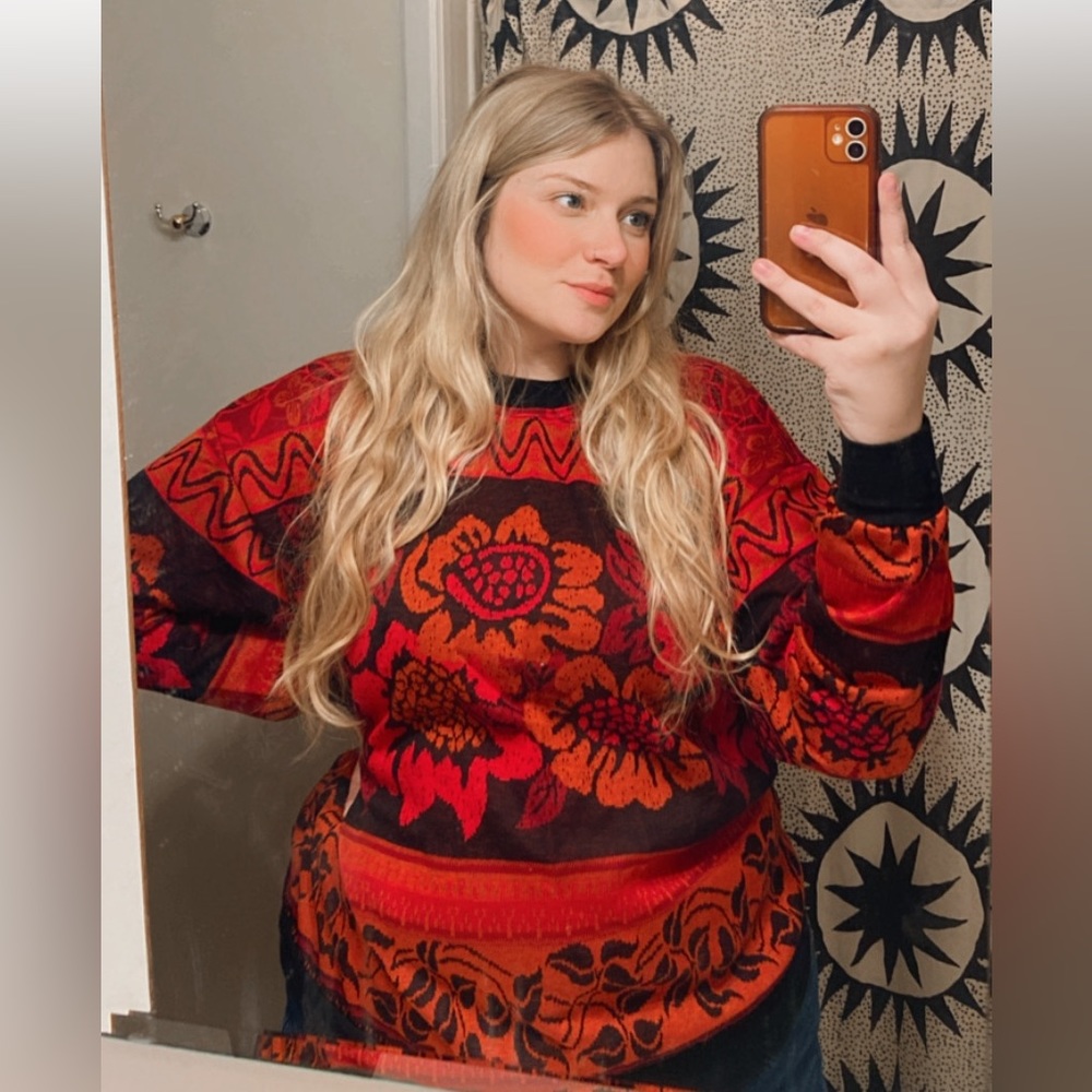 Top Notch 80s Floral 1X vintage Sweater sweatshirt with cuff sleeves